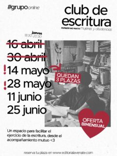 Después de un súper sold out del club de escritura online en abril abrimos plazas para mayo y junio con una ofertita para las más rápidas ❤️

Un espacio tierno para escribir juntas desde el acompañamiento mutuo e inspirándonos en los textos de autoras que han pensado sobre la escritura y los procesos creativos, y como no, inspirándonos en nosotras mismas también ✨

¡Si quieres más info escríbenos comadre!